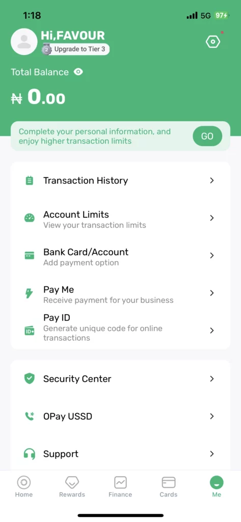 opay app iphone profile screen