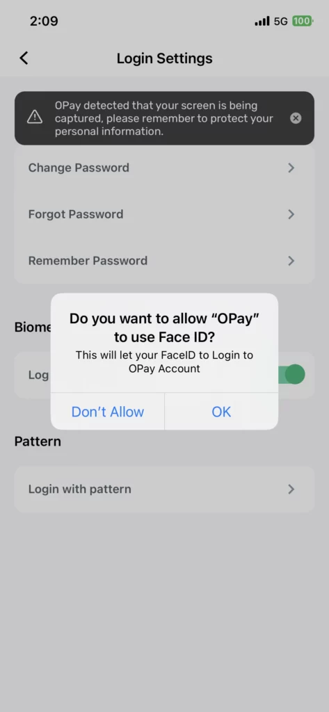 Opay mobile app login settings screen allow face id toggle