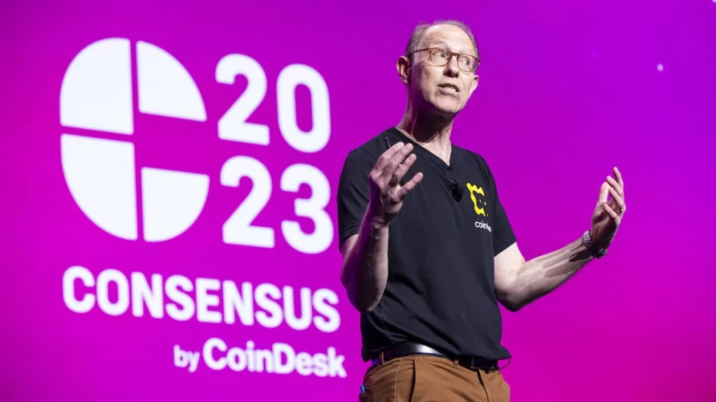 the former ceo of coindesk, kevin worth at an event