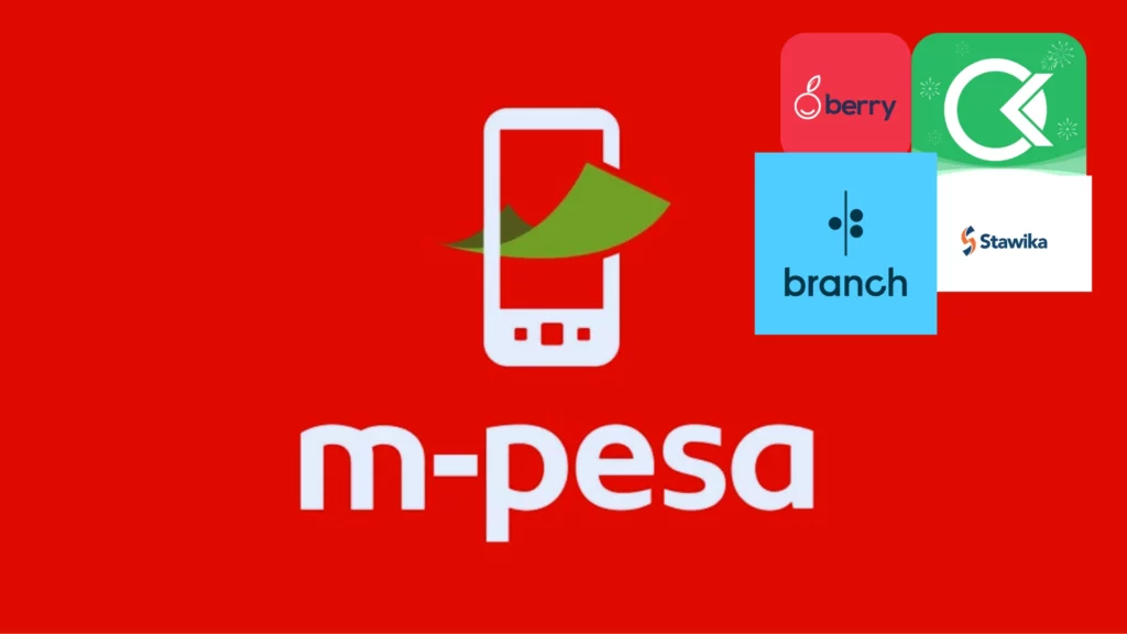 Mpesa background image with logos of berry, branch, stawika indicating loan apps that work with mpesa statement of account.